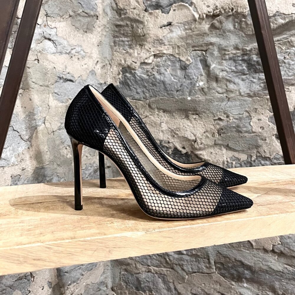 Jimmy Choo Black Patent Romy Mesh 100 Pumps - Picture 1 of 11